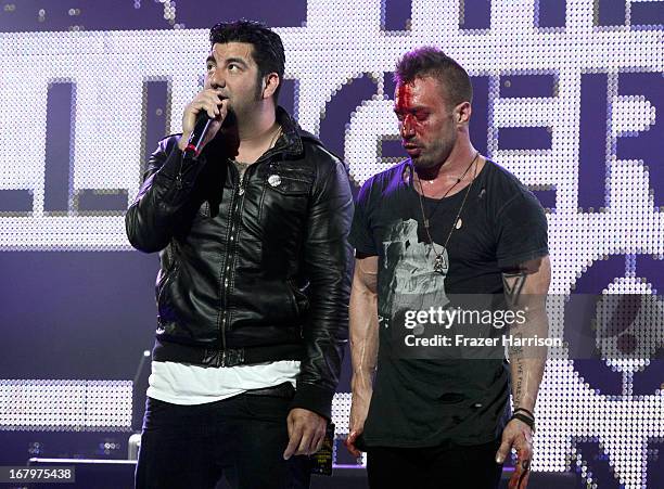 Chino Moreno and Greg Puciato on stage at the 5th Annual Revolver Golden Gods Award Show at Club Nokia on May 2, 2013 in Los Angeles, California.