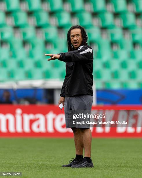 Tana Umaga assistant coach of Samoa gestures during their captains run ahead of their Rugby World Cup France 2023 match against Argentina at Stade...