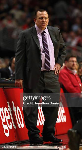 Head coach Tom Thibodeau of the Chicago Bulls watches as his team takes on the Brooklyn Nets in Game Six of the Eastern Conference Quarterfinals...