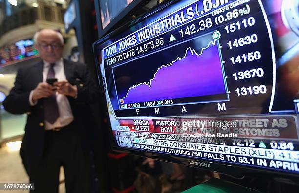 Chart shows the market gains on the floor of the New York Stock Exchange after the closing bell on May 3, 2013 in New York City. The Dow Jones...