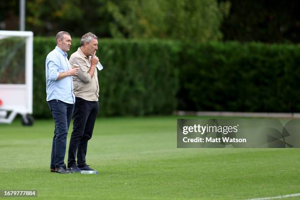 Phil Parsons and Director of Football Jason Wilcox watch on during a Southampton FC training session at the Staplewood Campus on September 13, 2023...