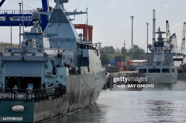 In this picture taken on September 20, 2023 Malaysia's Kedah-class offshore patrol vessel of the Royal Malaysian Navy KD Terengganu and Brunei's...