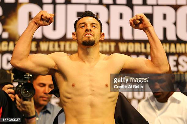 Robert Guerrero weighs in at 147 pounds for his fight against Floyd Mayweather for the WBC and Vacant Ring Magazine Welterweight titles at the MGM...