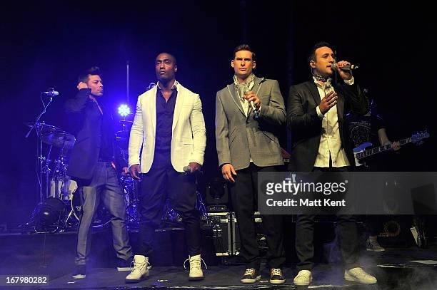 Duncan James, Simon Webbe, Lee Ryan and Antony Costa of Blue perform at Shepherds Bush Empire on May 3, 2013 in London, England.