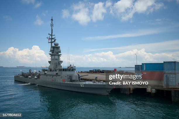 In this picture taken on September 20, 2023 Singapore's victory-class corvette Republic of Singapore Ship Vigour is moored at a naval base during the...