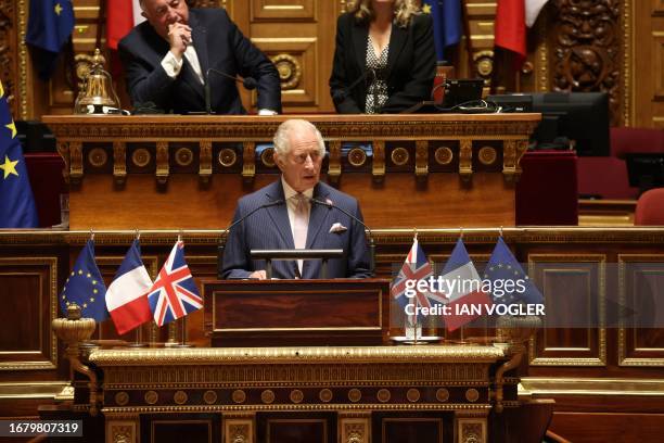 Britain's King Charles addresses Senators and members of the National Assembly at the French Senate, the first time a member of the British Royal...