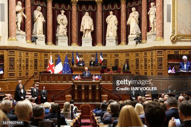 Britain's King Charles addresses Senators and members of the National Assembly at the French Senate, the first time a member of the British Royal...