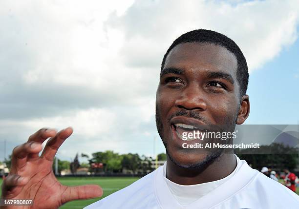 Running back Mike James of the Tampa Bay Buccaneers talks to the media after a rookie mini-camp May 3, 2013 at the Buccaneers training center in...