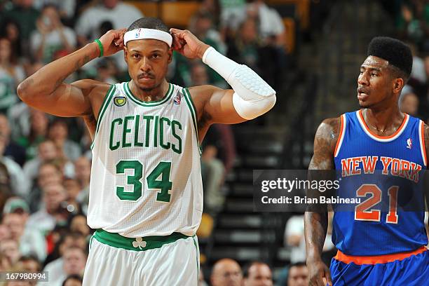 Paul Pierce of the Boston Celtics looks on in Game Six of the Eastern Conference Quarterfinals against the New York Knicks during the NBA Playoffs on...