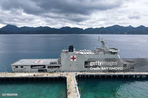 This aerial picture shows Indonesia's hospital ship Radjiman Wedyodiningrat being docked during the ASEAN Solidarity Exercise Natuna 2023 involving 6...