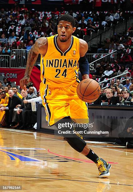 Paul George of the Indiana Pacers drives to the basket against the Atlanta Hawks during Game Six of the Eastern Conference Quarterfinals in the 2013...