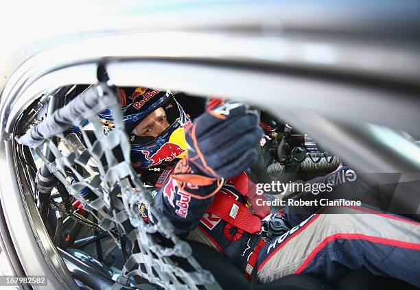 Casey Stoner driver of the Red Bull Pirtek Holden prepares for the qualifying session for round two of the V8 Supercars Dunlop Development Series at...