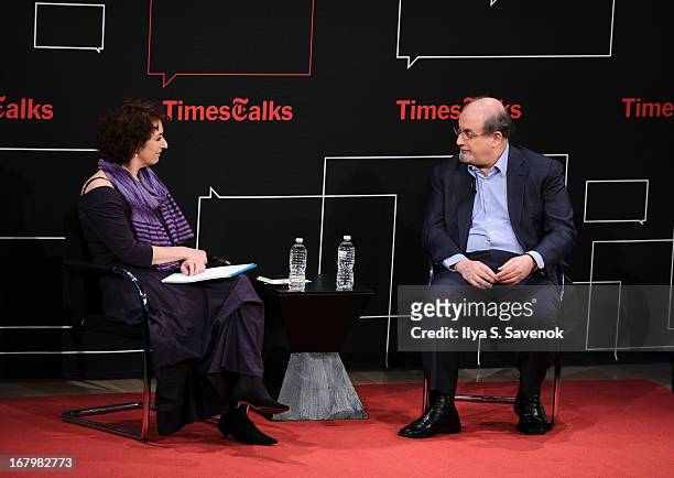 Patricia Cohen and Salman Rushdie speak during TimeTalks Presents: Freedom and Moral Courage Salman Rushdie and Ai Wei Wei at Times Center on May 3,...