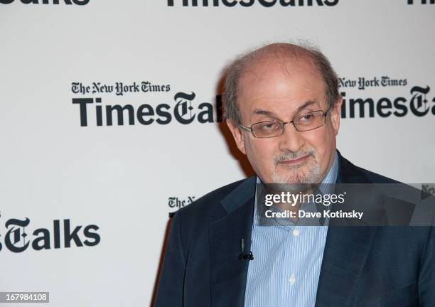 Salman Rushdie attends TimeTalks Presents: Freedom and Moral Courage Salman Rushdie and Ai Wei Wei at Times Center on May 3, 2013 in New York City.