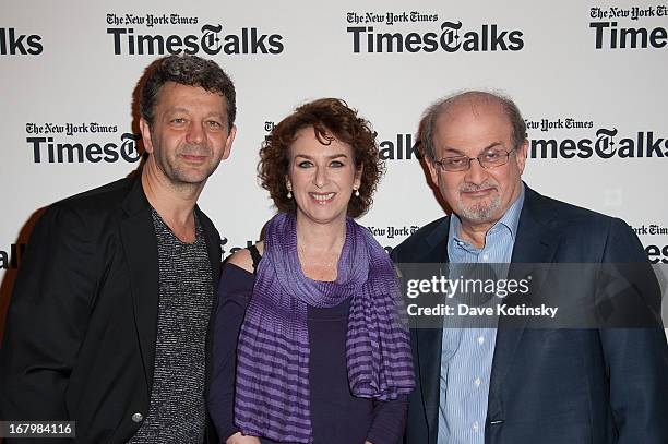 World Voices Festival director Jakab Orsos, Patricia Cohen and Salman Rushdie attends TimeTalks Presents: Freedom and Moral Courage Salman Rushdie...