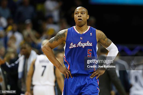 Caron Butler of the Los Angeles Clippers reacts against the Memphis Grizzlies during Game Six of the Western Conference Quarterfinals of the 2013 NBA...