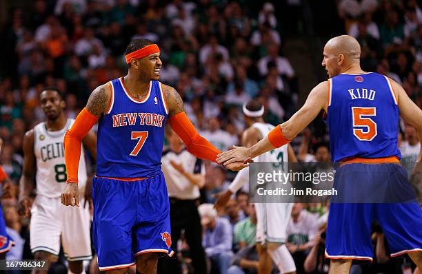 Carmelo Anthony of the New York Knicks celebrates with Jason Kidd in the second half against the Boston Celtics during Game Six of the Eastern...