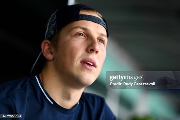 Liam Lawson of New Zealand and Scuderia AlphaTauri looks on in the Paddock during previews ahead of the F1 Grand Prix of Singapore at Marina Bay...