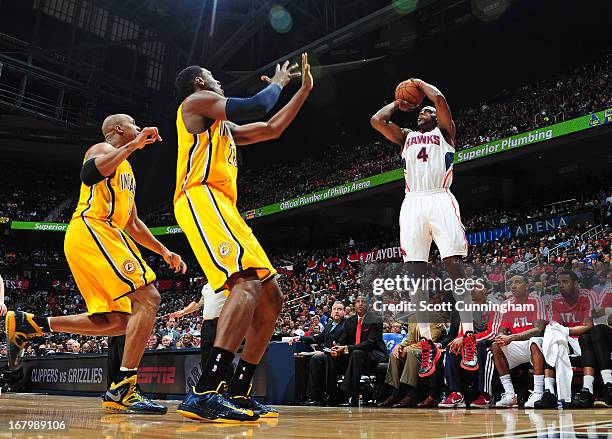 Anthony Tolliver of the Atlanta Hawks shoots the ball against the Indiana Pacers during Game Six of the Eastern Conference Quarterfinals in the 2013...