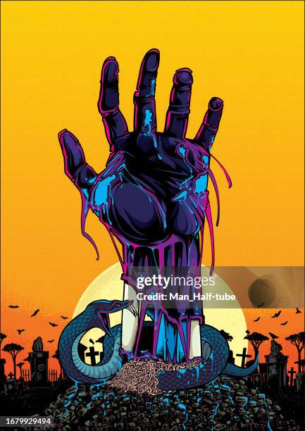 zombie hand rising out from the grave - comic book cover stock illustrations