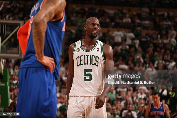 Kevin Garnett of the Boston Celtics reacts in Game Six of the Eastern Conference Quarterfinals against the New York Knicks during the 2013 NBA...