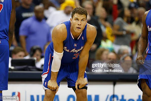 Blake Griffin of the Los Angeles Clippers looks on against the Memphis Grizzlies during Game Six of the Western Conference Quarterfinals of the 2013...