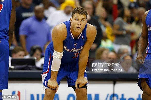 Blake Griffin of the Los Angeles Clippers looks on against the Memphis Grizzlies during Game Six of the Western Conference Quarterfinals of the 2013...