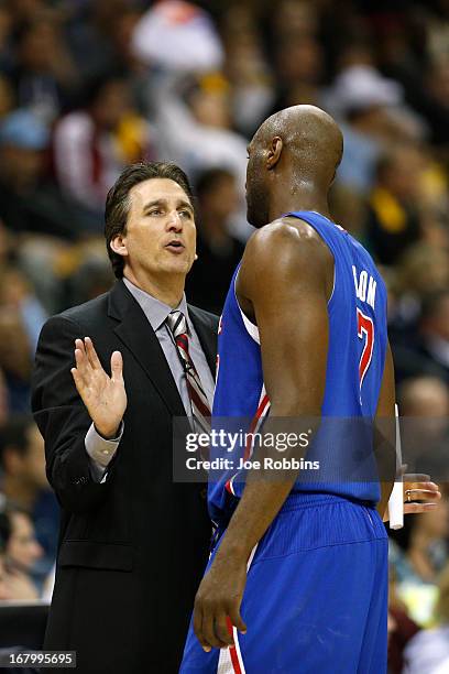 Head coach Vinny Del Negro of the Los Angeles Clippers talks with Lamar Odom during Game Six of the Western Conference Quarterfinals of the 2013 NBA...