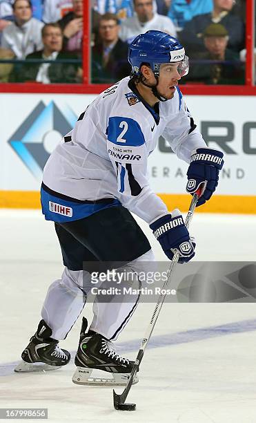Teemu Laakso of Finlöand skates with the puck during the IIHF World Championship group H match between Finland and Germany at Hartwall Areena on May...