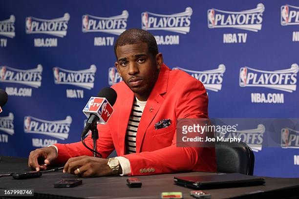Chris Paul of the Los Angeles Clippers speaks at a press conference following his team's series loss to the Memphis Grizzlies in Game Six of the...
