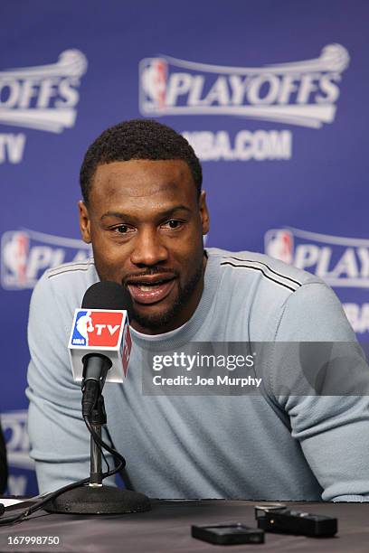 Tony Allen of the Memphis Grizzlies speaks at a press conference following his team's series victory against the Los Angeles Clippers in Game Six of...