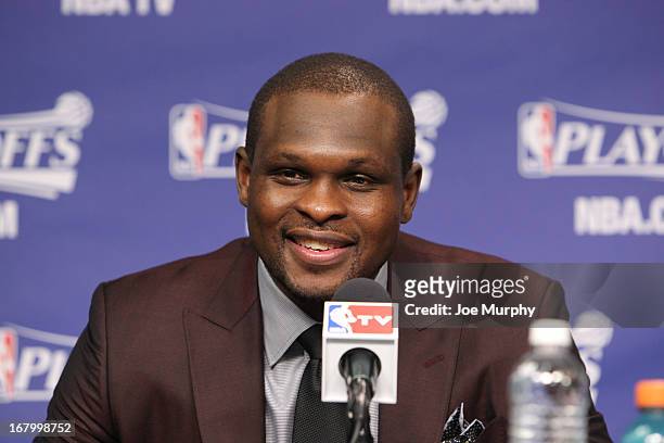 Zach Randolph of the Memphis Grizzlies speaks at a press conference following his team's series victory against the Los Angeles Clippers in Game Six...