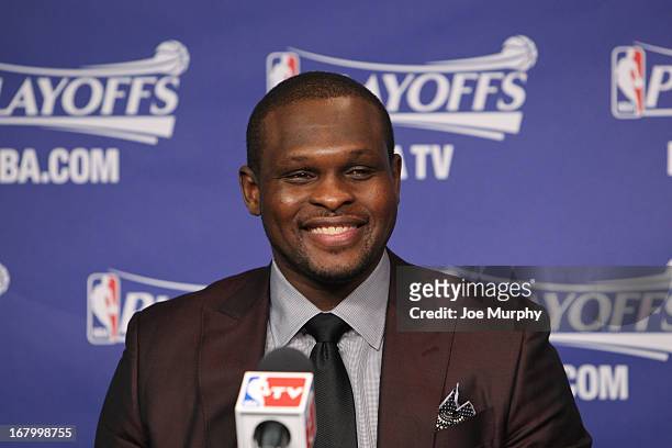 Zach Randolph of the Memphis Grizzlies speaks at a press conference following his team's series victory against the Los Angeles Clippers in Game Six...