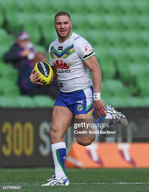 Brenko Lee of the Raiders runs in to score a try during the round eight Holden Cup match between the Melbourne Storm and the Canberra Raiders at AAMI...