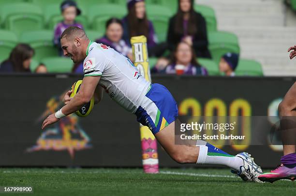 Brenko Lee of the Raiders dives to score a try during the round eight Holden Cup match between the Melbourne Storm and the Canberra Raiders at AAMI...