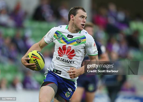 Jack Ahearn of the Raiders runs in to score a try during the round eight Holden Cup match between the Melbourne Storm and the Canberra Raiders at...