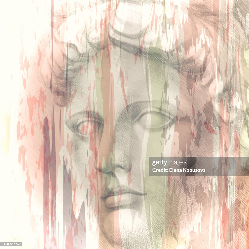 Ancient Greece. Antique sculpture of the head of Apollo on an abstract watercolor background. Stylish author's drawing, drawn by hand.