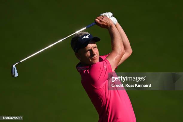 Luke Donald of England plays his second shot on the 4th hole during Day One of the BMW PGA Championship at Wentworth Golf Club on September 14, 2023...