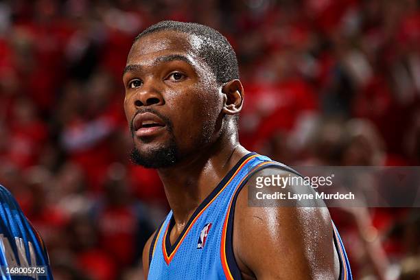 Kevin Durant of the Oklahoma City Thunder looks on while playing against the Houston Rockets in Game Six of the Western Conference Quarterfinals...