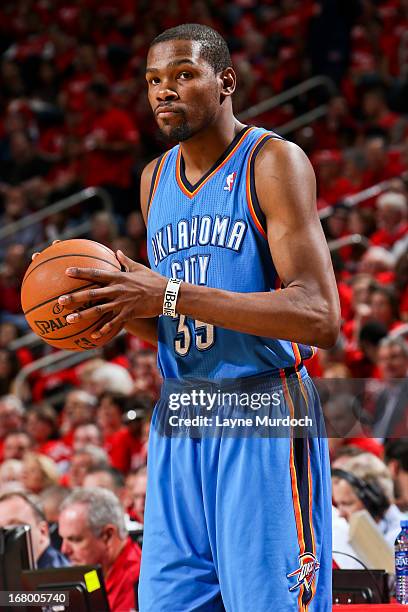 Kevin Durant of the Oklahoma City Thunder looks to pass the ball against the Houston Rockets in Game Six of the Western Conference Quarterfinals...