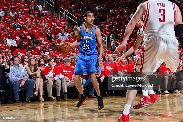 Kevin Martin of the Oklahoma City Thunder controls the ball against the Houston Rockets in Game Six of the Western Conference Quarterfinals during...
