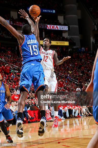 Patrick Beverley of the Houston Rockets shoots in the lane against Reggie Jackson of the Oklahoma City Thunder in Game Six of the Western Conference...