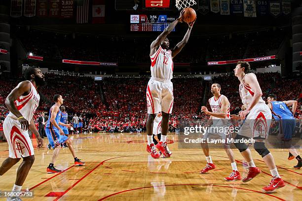 Patrick Beverley of the Houston Rockets grabs a rebound against the Oklahoma City Thunder in Game Six of the Western Conference Quarterfinals during...