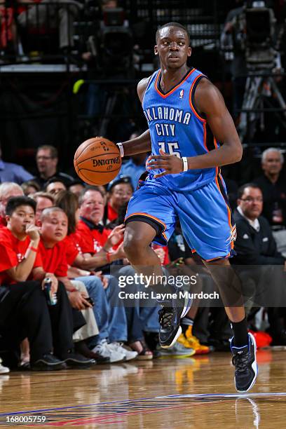 Reggie Jackson of the Oklahoma City Thunder advances the ball against the Houston Rockets in Game Six of the Western Conference Quarterfinals during...