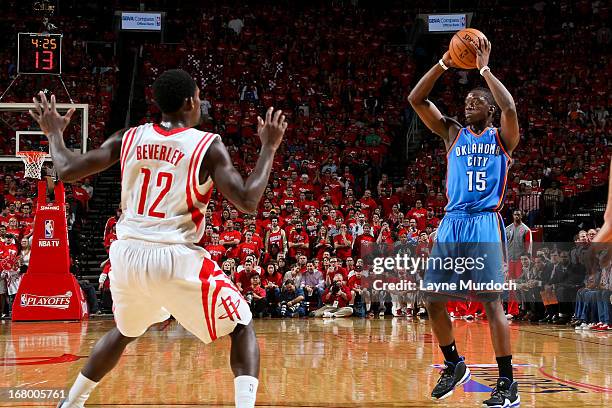 Reggie Jackson of the Oklahoma City Thunder looks to pass the ball against the Houston Rockets in Game Six of the Western Conference Quarterfinals...