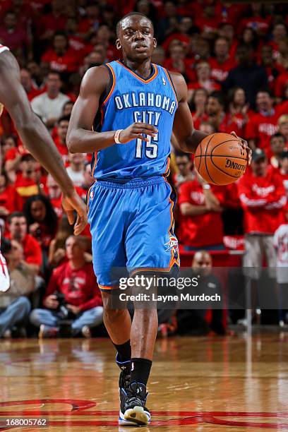 Reggie Jackson of the Oklahoma City Thunder advances the ball against the Houston Rockets in Game Six of the Western Conference Quarterfinals during...