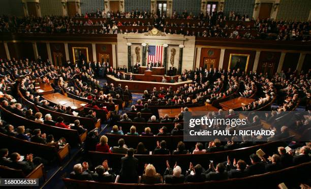 This general view shows US President George W. Bush delivering his State of the Union address 02 February 2005 to a joint session of Congress on...