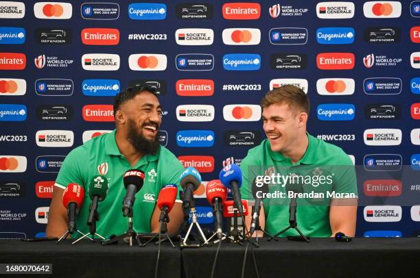 Paris , France - 20 September 2023; Bundee Aki, left, and Garry Ringrose during an Ireland rugby media conference at the Paxton Spa Hotel Paris in...