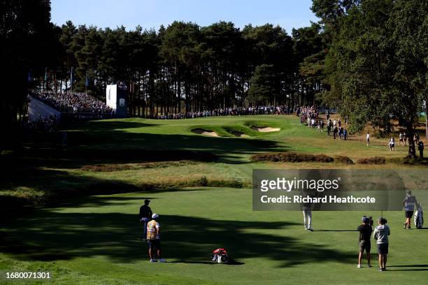 General view as Ludvig Aberg of Sweden plays a shot into the 7th green during Day One of the BMW PGA Championship at Wentworth Golf Club on September...