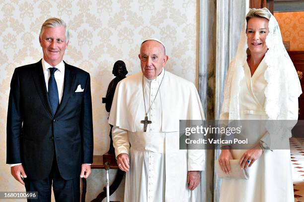 Pope Francis meets with King Philippe And Queen Mathilde of Belgium during an audience at the Apostolic Palace on September 14, 2023 in Vatican City,...